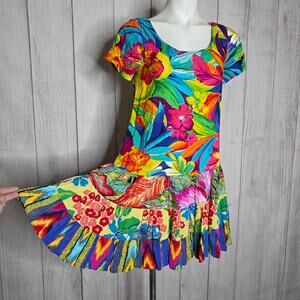 VTG 90s Jam's World Bold Tropical Flower Print Drop Waist Hattie Dress, sz M